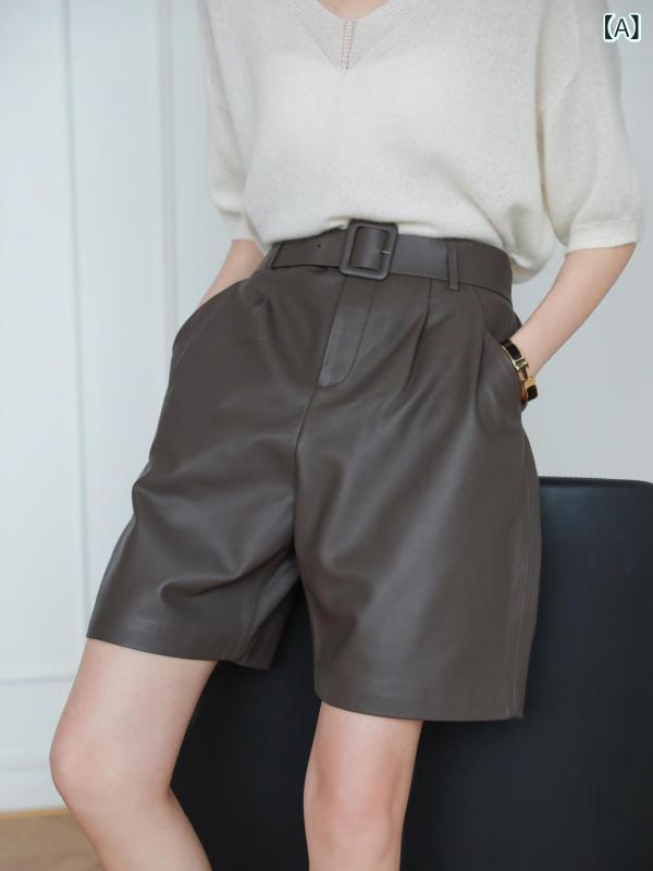 メンズ パンツ 本革 羊革 レザー ワイドレッグ カジュアル スーツパンツ バミューダ ショーツ 春 普段使い 通勤用 高級感 柔軟 スタイリッシュ