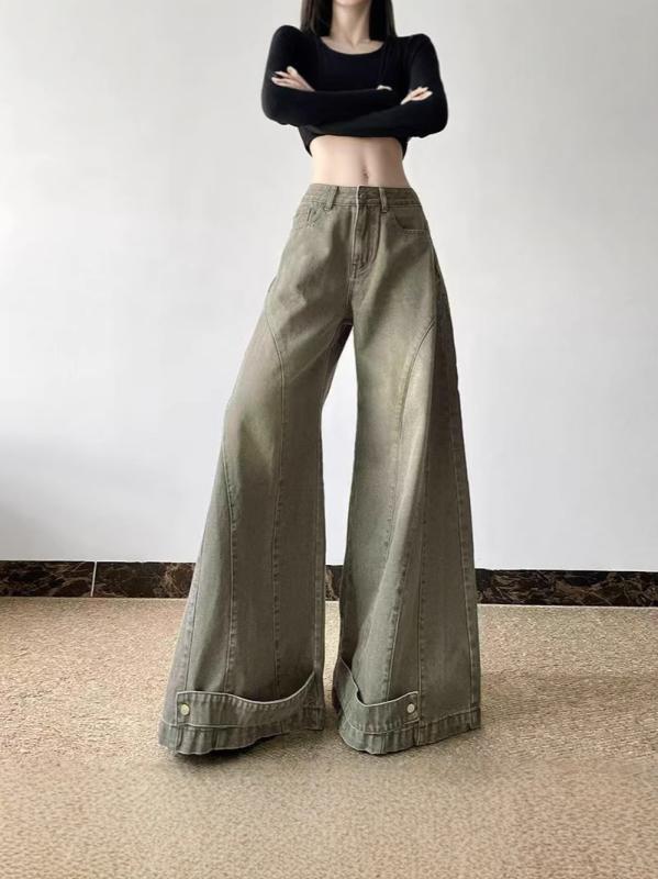 レディース デニムパンツ ワイドレッグ アメリカン ビンテージ ウォッシュド グリーン ゆったり 落ち感 細見え ロング ゆったりシルエット カジュアル デニム素材 通勤 普段使い