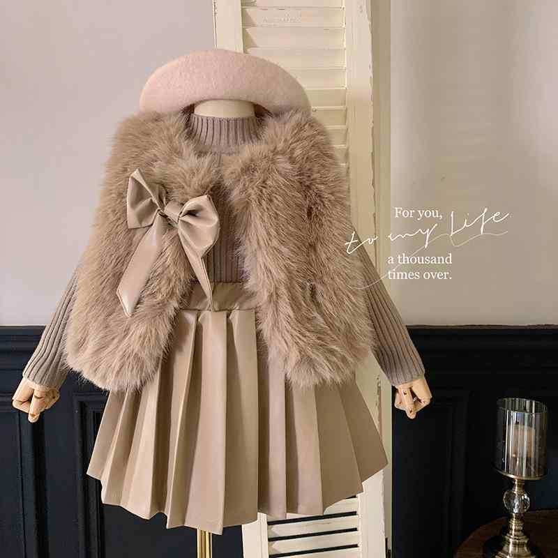 女の子 秋冬 子供服 セット ふわふわ 毛織り アウター ニット トップス 暖か プリーツ レザー スカート ファッション コーディネート 伸縮性 素材 軽量 デザイン