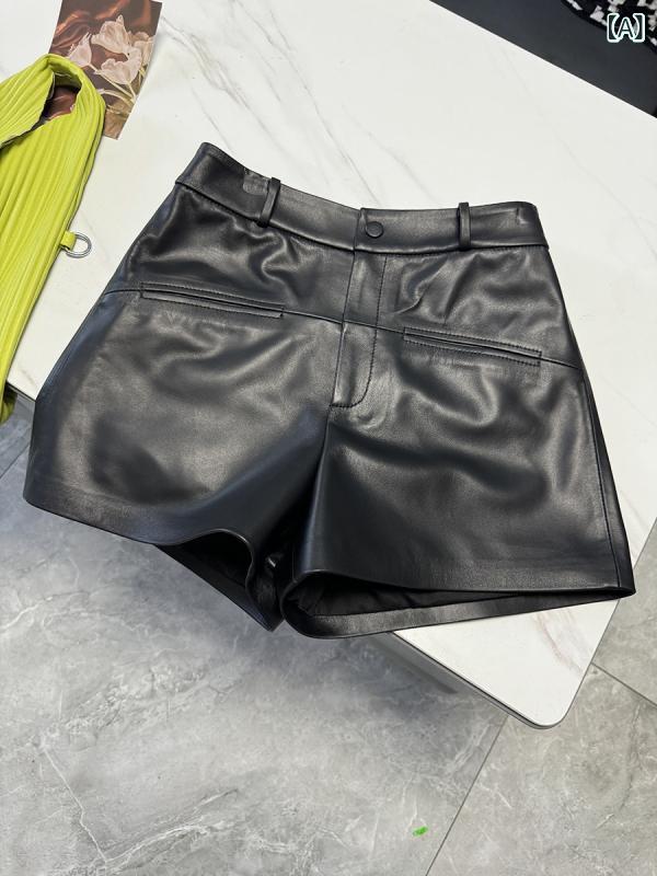 レディース 秋冬 本革 羊革 ワイドレッグパンツ ショーツ スリム デザイン ポケット ファッション ボトムス コーディネート 普段使い 軽量 伸縮性