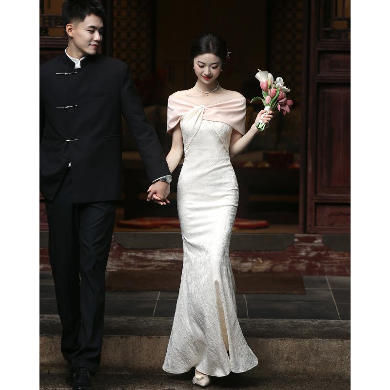 オフショルダー スリム フィッシュテール パーティードレス レディース 冬用 結婚式 婚約 イブニング フォーマル トーストドレス ブライド ボディコン ロングドレス