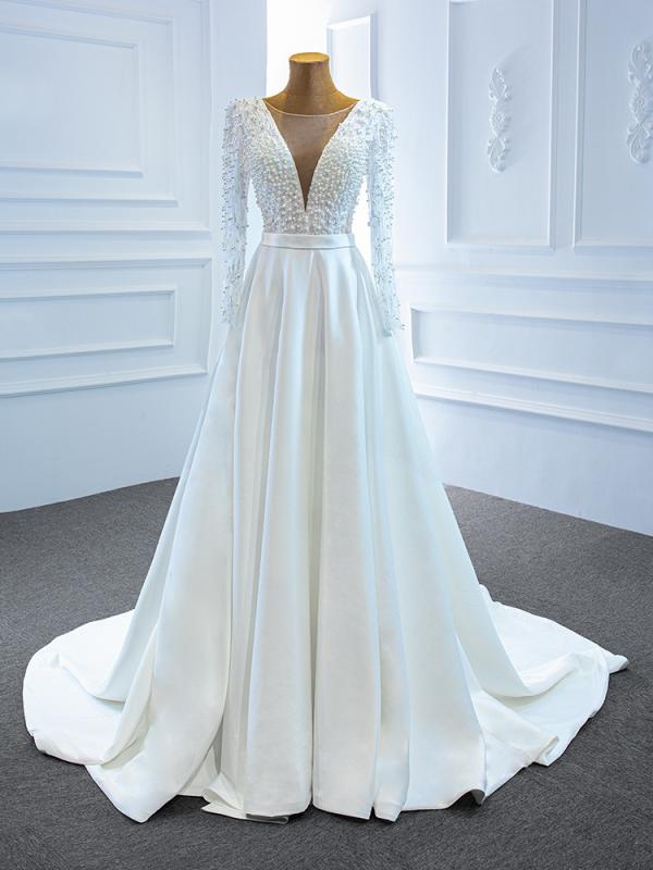 レディース ウェディングドレス 夏用 長袖 Vネック サテン素材 トレーン付き エレガント 幻想的 結婚式 セレモニーガウン 光沢 ロングスリーブ ブライダル ガウン｜北摂軽太郎便