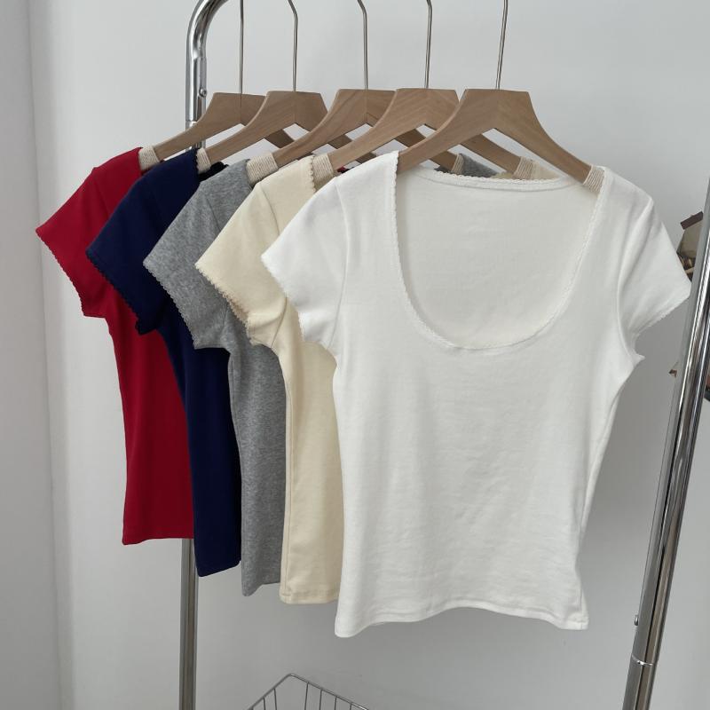 レディース カジュアル 短袖 Uネック Tシャツ シンプル スリムフィット 夏用 韓国 コーディネート スタイリッシュ トップス