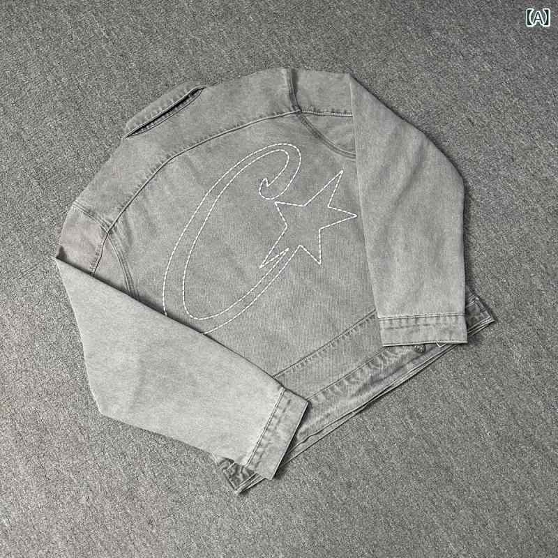 デニム ジャケット シャツ セット メンズ レディース 刺繍 デザイン ゆったり シルエット ルーズ フィット カジュアル スタイル 日常使い 高級感 コットン 素材