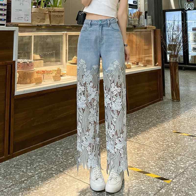 デニムパンツ レディース レース 切り替え ストレート 細見え レトロ カジュアル ロング 夏 コットン 素材 日常使い 軽量 伸縮性