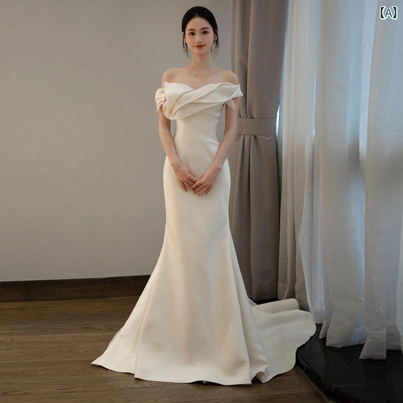 ウェディングドレス オフショルダー フィッシュテール サテン生地 シンプル エレガント 新婦用 軽量 小柄対応 フォトウェディング 旅行撮影 フェミニン シルエット ミニマム ロマンティック ドレス ブライダル ガウン ウエディング