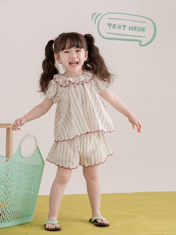 女の子 部屋着 セット 夏 ストライプ フリル かわいい トップス ボトムス 子供服 ベビー 普段使い 軽量 綿素材 ピンク系 アイボリー