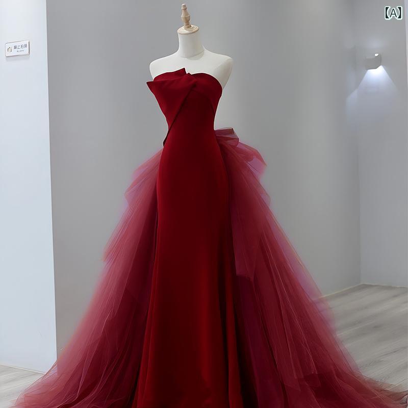 レディース マーメイドドレス ロング丈 ストラップレス ワインレッド レトロ エレガント 結婚式 披露宴 パーティー フォーマル イブニング ワンピース フィッシュテール 気品 ロングスカート