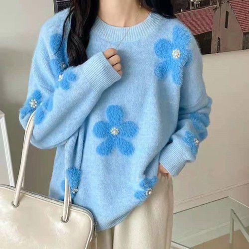 ニットセーター レディース 秋冬 ミルクブルー 柔らかニット ビーズ 花柄 デザイン かわいい フェミニン スタイル カジュアル 普段使い 軽量 伸縮性