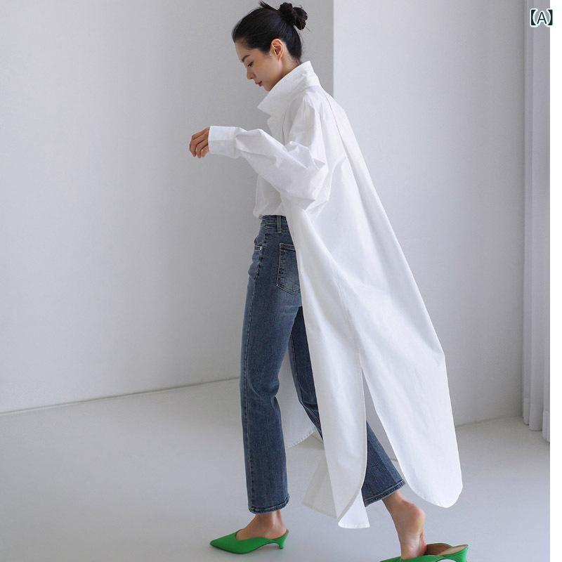 レディース 春夏 シャツワンピース ロング丈 無地 膝下丈 スリット カジュアル 薄手 アウター ビッグサイズ 韓国 普段使い 軽量 ベーシック
