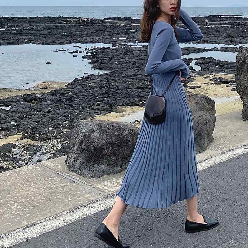 レディース 編み物衣裳 秋冬 小っちゃい向け 中長丈 膝下丈 ボディコン はだ着ティーシャツ付き添い人 生あたたかい 伸縮性 ペティート 普段使い走り 編み込み パステル色の 影ぼうし
