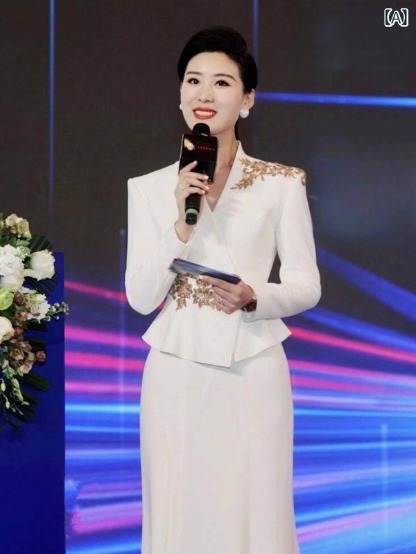 女性用 ホワイト 司会者 礼服 高級感 上品 エレガント フォーマル ドレス ステージ 発表 放送 芸術 試験 衣装 端正 大気 軽奢 小・異 演出