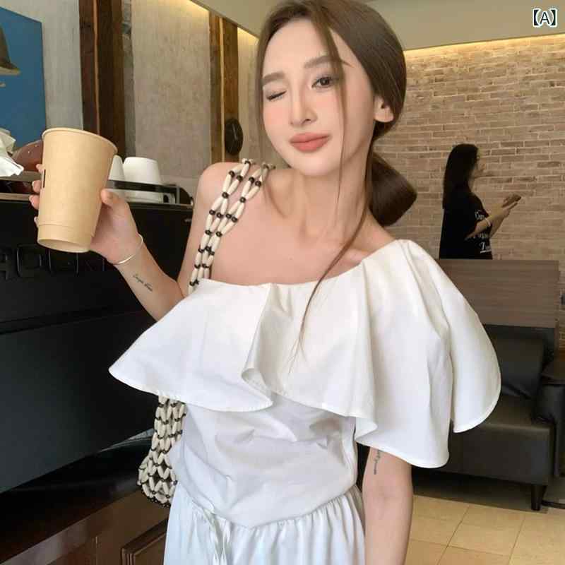 レディース 秋 接触冷感 セットアップ フリル オフショルダー トップス ハイウエスト ストレート ワイドレッグ パンツ 高級感