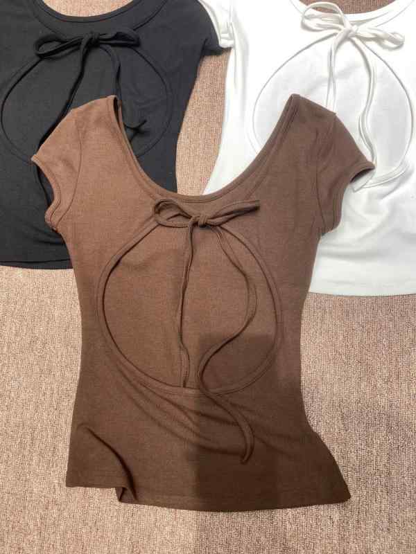 Tシャツ レディース 夏 Uネック 大胆背中開き ストラップ ストレッチ フィット スリム効果 短袖 トップス かわいい 少女 接触冷感 軽量 吸湿速乾｜北摂軽太郎便