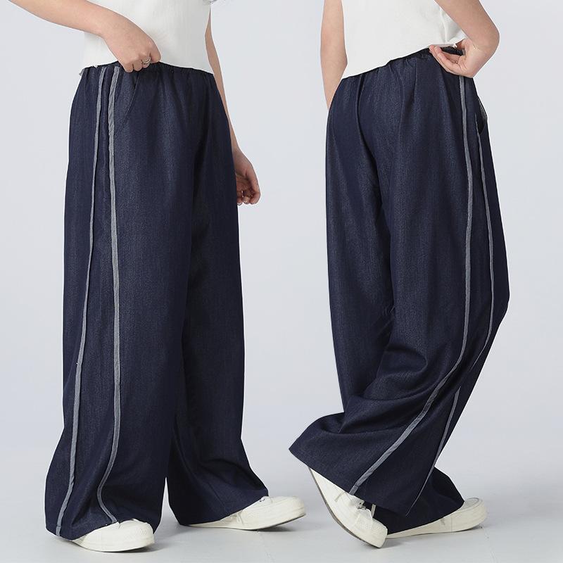 女の子 デニムパンツ 夏用 薄手 ビッグサイズ ゆったり ストレート ワイドレッグ 中学生 学生 再生繊維 吸湿速乾 ぽっちゃり対応 通学用 軽量 伸縮性