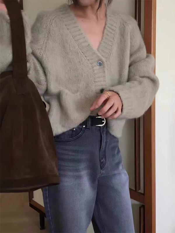 ニットセーター 女性用 春 ゆったり 単色 デザイン カーディガン リラックススタイル カジュアル ビッグシルエット 軽量 コットン混 普段使い トップス アウター