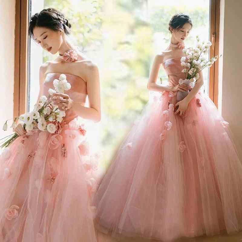 結婚式ドレス レディース 冬用 ロマンチック ピンク ストラップレス イブニングドレス 新婦 トーストドレス 宴会用 フォーマル エレガント パーティー ガウン|北摂軽太郎便
