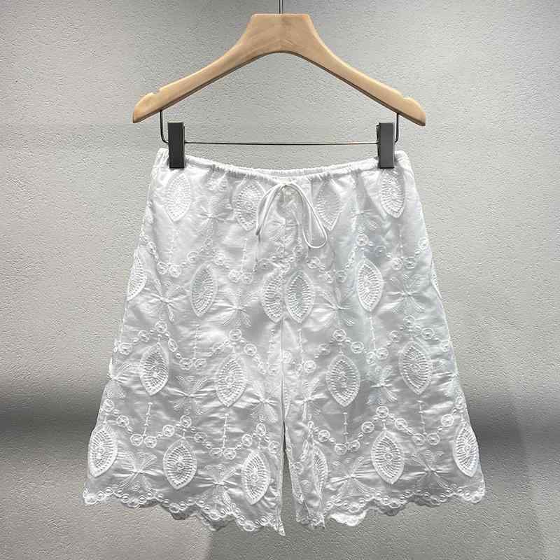 ショートパンツ レディース 夏用 ホワイト ハイウエスト ドローストリング 刺繍 レース 花柄 カジュアル 普段使い 軽量 伸縮性