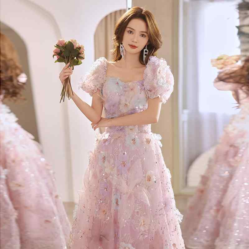 レディース イブニングドレス フラワー柄 森ガール プリンセススカート 結婚式用 新婦 婚約パーティー 祝賀会ドレス 誕生日演出 司会服 エレガント フェミニン ナチュラルスタイル｜北摂軽太郎便