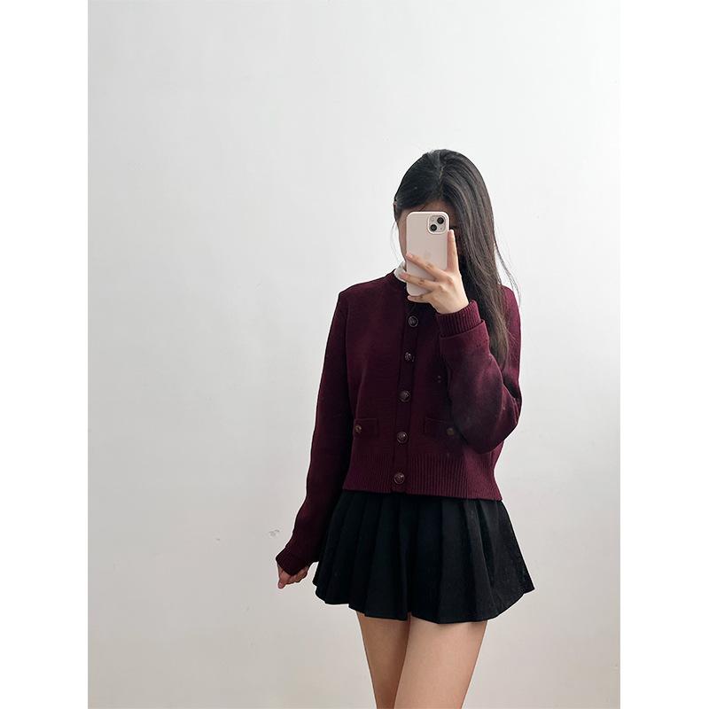 カーディガン 女性用 秋冬 ニット ショート丈 切り替え ラッフル襟 ワインレッド エレガント ファッション 暖か 保温性 軽量 柔らかい レイヤード 日常使い