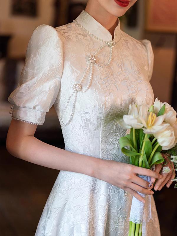 チャイナドレス レディース 秋冬 ワンピース ホワイト 婚約 敬酒服 スタンドカラー サイドスリット 綿混素材 エレガント フォーマル パーティー用