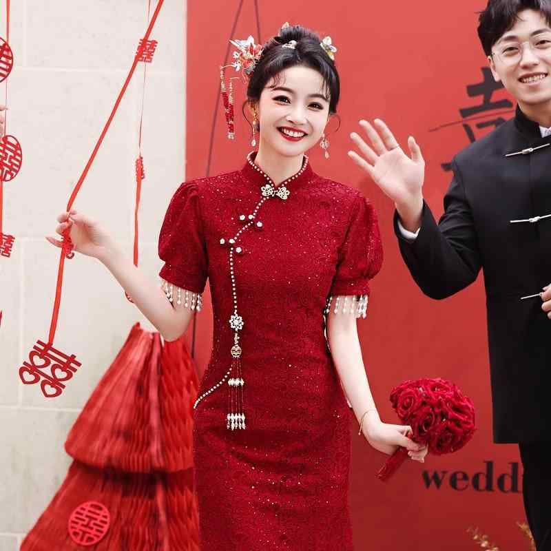 瀬戸もの御召しもの 敬酒服 レディース お嫁さん用 ぶどう酒赤いこと スピード競技 魚尾スコート 中華 一緒になる御召しもの エンゲージメント寄り合い 雅びやか