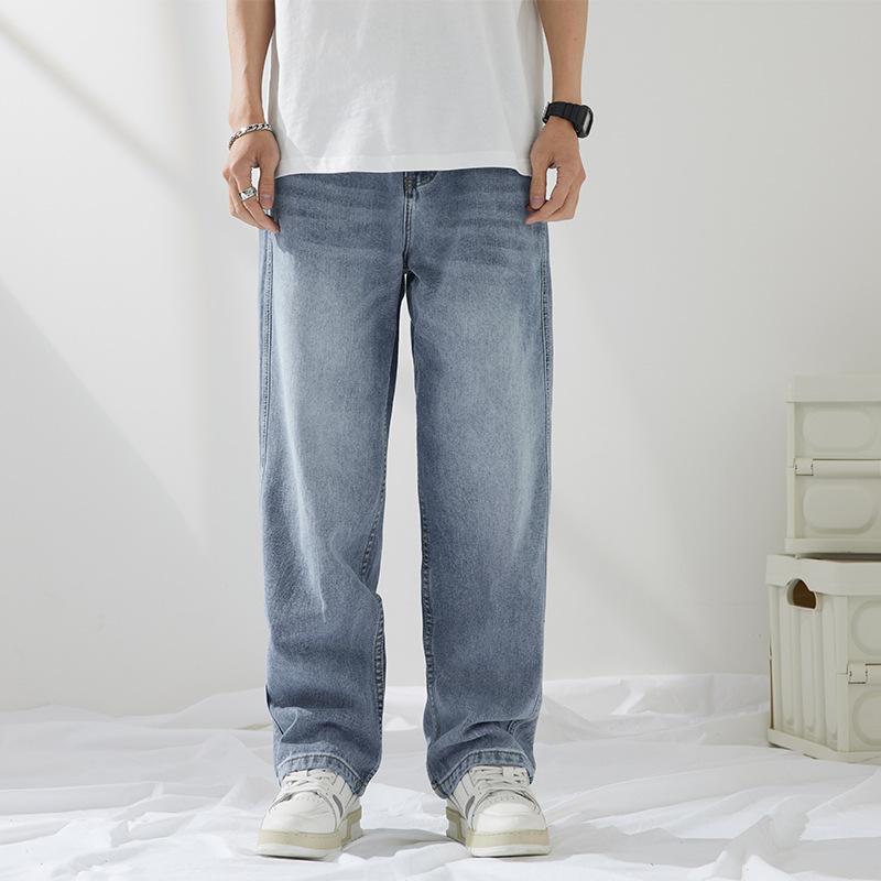 メンズ デニムパンツ ゆったり ストレート ワイドレッグ レトロ ライトカラー カジュアル 普段使い 日系 スタイル トレンド ボトムス リラックスフィット デニム素材 膝下丈