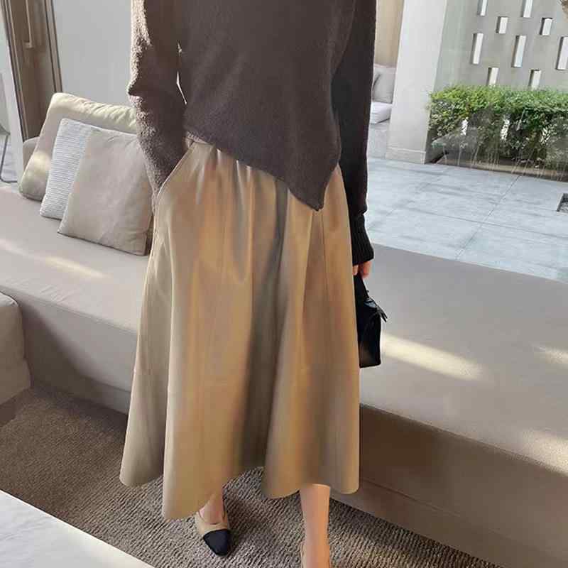 スカート レディース 羊革 ハイウエスト Aライン 伸縮性 ミドル丈 フレア 洗練 エレガント 普段使い 女性用