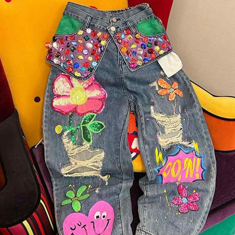 デニムパンツ レディース ハイウエスト ルーズ ストレート ダメージ ビーズ スタッド 装飾 春夏 カジュアル 普段使い 厚手 コットン