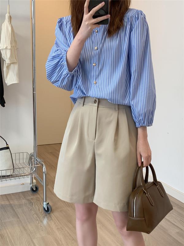 レディース 春夏 ショートパンツ ハイウエスト ゆったり Aライン カジュアルパンツ レトロ ワイドレッグ カーキ色 薄手 ストレート 軽量 伸縮性 通勤用 普段使い