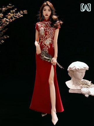 チャイナドレス レディース 結婚式 敬酒服 ワインレッド 魚尾 ロング丈 新婦用 普段使い エレガント フォーマル 女性用 ウェディング ドレス ワンピース ロング シルエット 赤系 5,898円