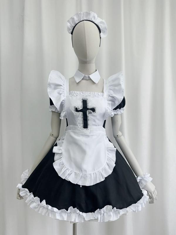 レディース メイド ワンピース 黒白 配色 レトロ 十字架 デザイン ハロウィン コスプレ ドレス 仮装 衣装 かわいい ゴシック スタイル