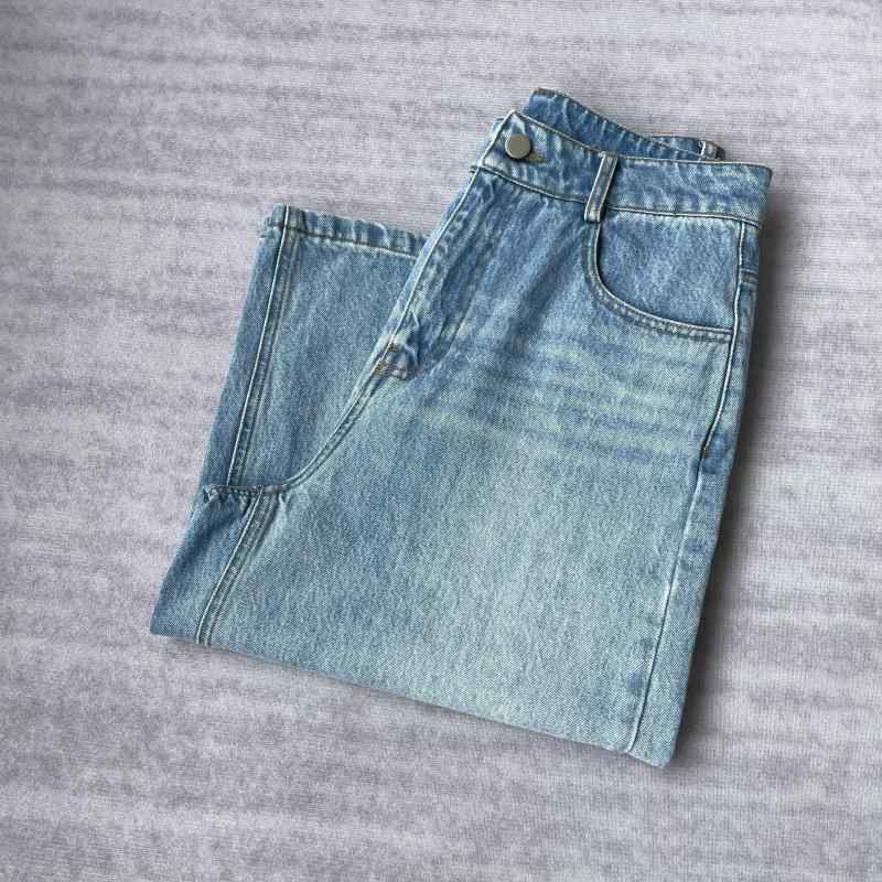 デニムパンツ 女性用 ハイウエスト 7分丈 古着 ブルー 綿100% 軽量 通気性 吸湿速乾 ゆったり スリム カジュアル 夏用｜北摂軽太郎便