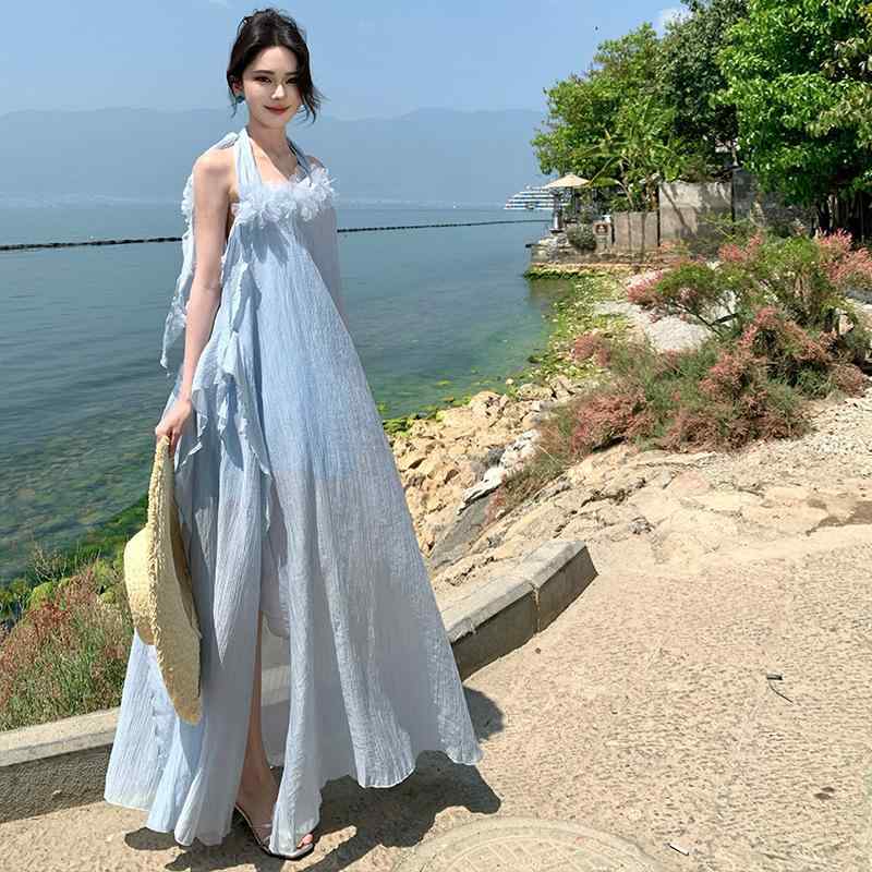 衣裳 レディース ゆったり 青碧 ハルターネック 立体花柄 昼まえ化粧着 砂浜 溜まり場 御召しもの 御芽出度 夏 口さかしい お上さん用
