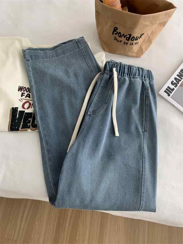 パンツ レディース 夏用 薄手 デニム 再生繊維 ハイウエスト ゆったり ストレート ロング丈 ドレープ感 スリム 普段使い 軽量 涼しい