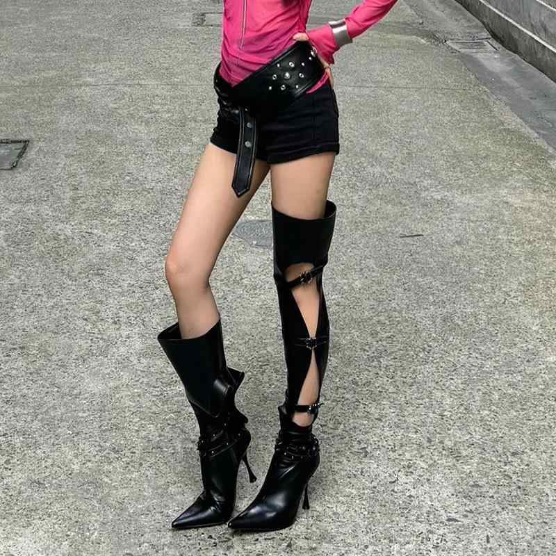 ロングブーツ レディース 秋冬 ポインテッドトゥ 細踵 ハイヒール 同盟罷業さあ美 三尺帯バックル カットアウト  馬乗り表現スタイル 艶っぽい 痛いところ