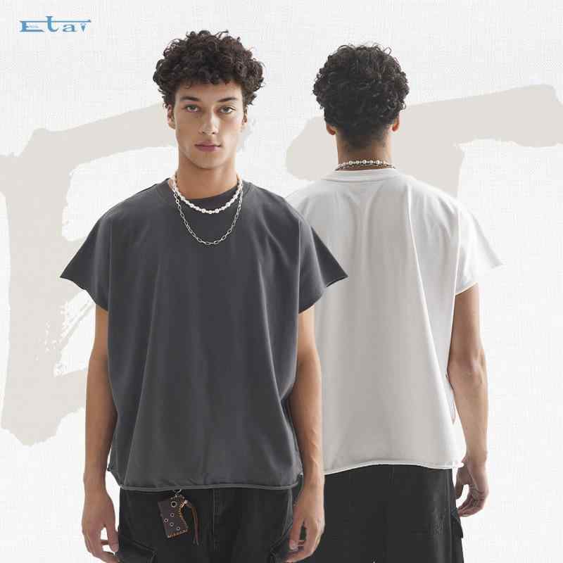 男性用 ゆったり 無地 半袖 Tシャツ トップス ストリート カジュアル 厚手 綿100% コットン フリンジ エッジ 短め デザイン 普段使い 軽量 伸縮性