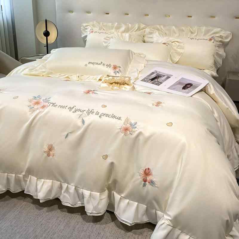 寝具セット プリンセス 夏用 刺繍 接触冷感 掛け布団カバー フラットシーツ ボックスシーツ 枕カバー 4点セット 吸湿速乾 軽量 かわいいデザイン 通気性 涼しい素材