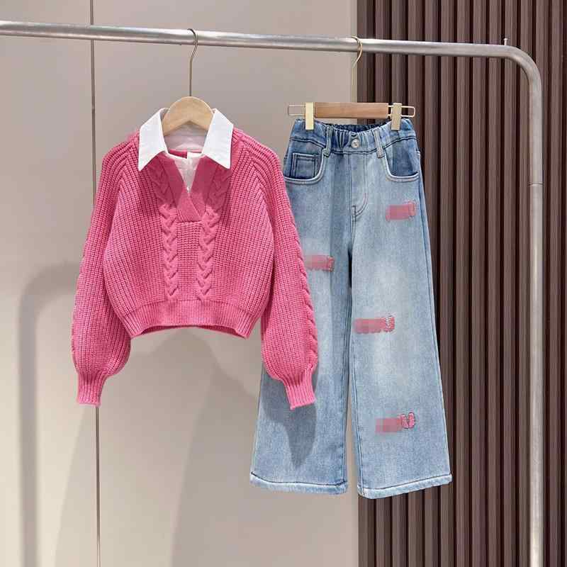 女児 秋冬 セットアップ ニット セーター 厚手 デニム パンツ カジュアル スタイル 韓国 暖か 普段使い 伸縮性 コットン 混 ビッグシルエット グレー ベージュ