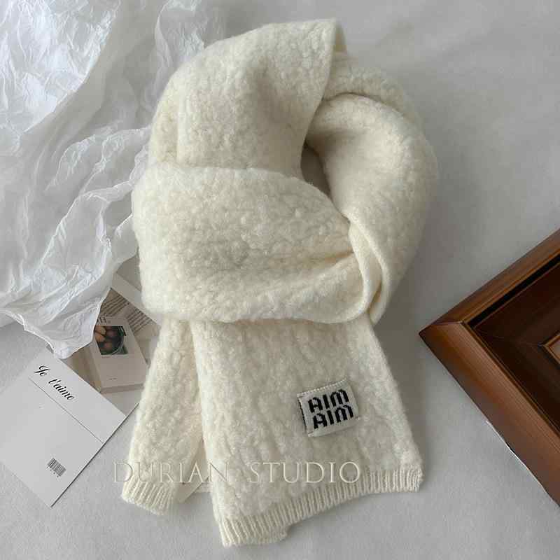 マフラー ストール レディース ホワイト ふわふわ リブ ニット ロゴ 厚手 秋冬 暖か カシミア 純羊毛 ソフト 保温 柔らかい 巻きやすい