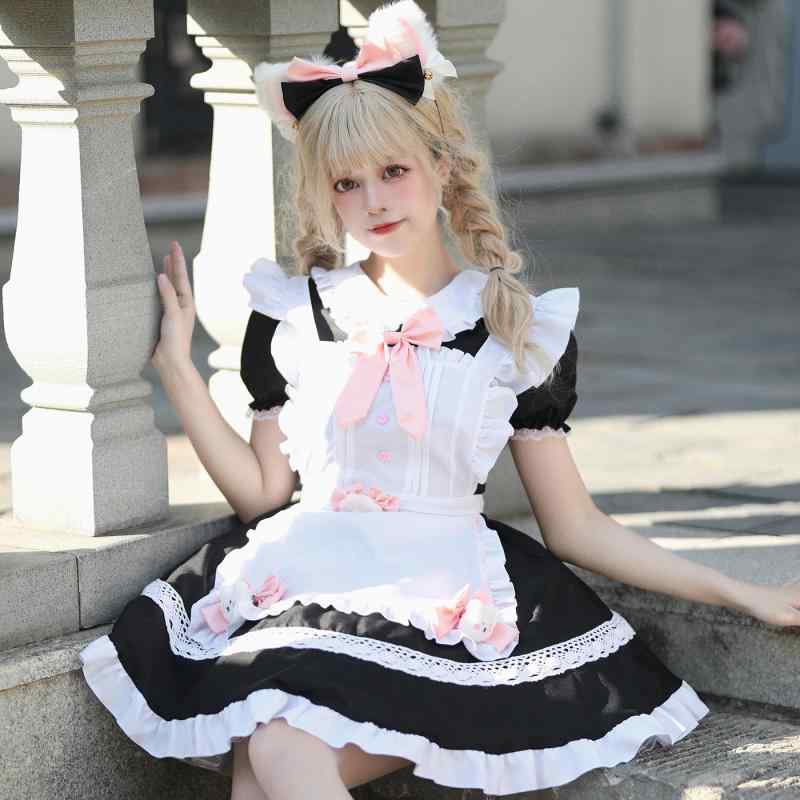 メイドワンピース 黒白 ロリータドレス かわいい コスプレ制服 カフェスタイル 女性用 フリル付き 膝丈 コットン素材 軽量 通勤以外 普段使い ハロウィン パーティー イベント用