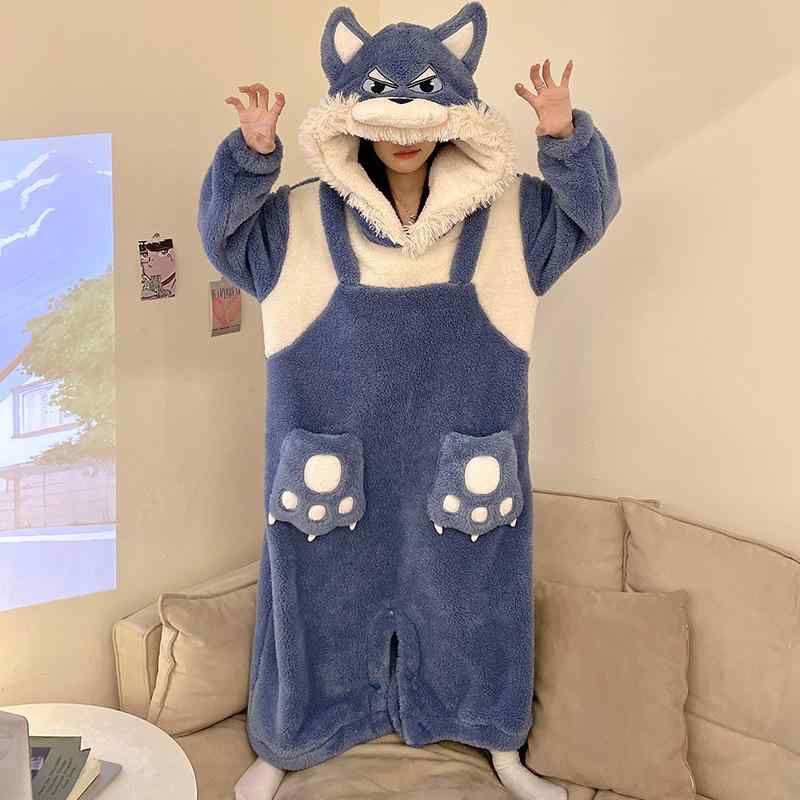 パジャマ 女性用 秋冬 厚手 フード付き ゆったり 大きめ カートゥーン 狼柄 かわいい コーラルフリース ルームウェア 暖か 室内着