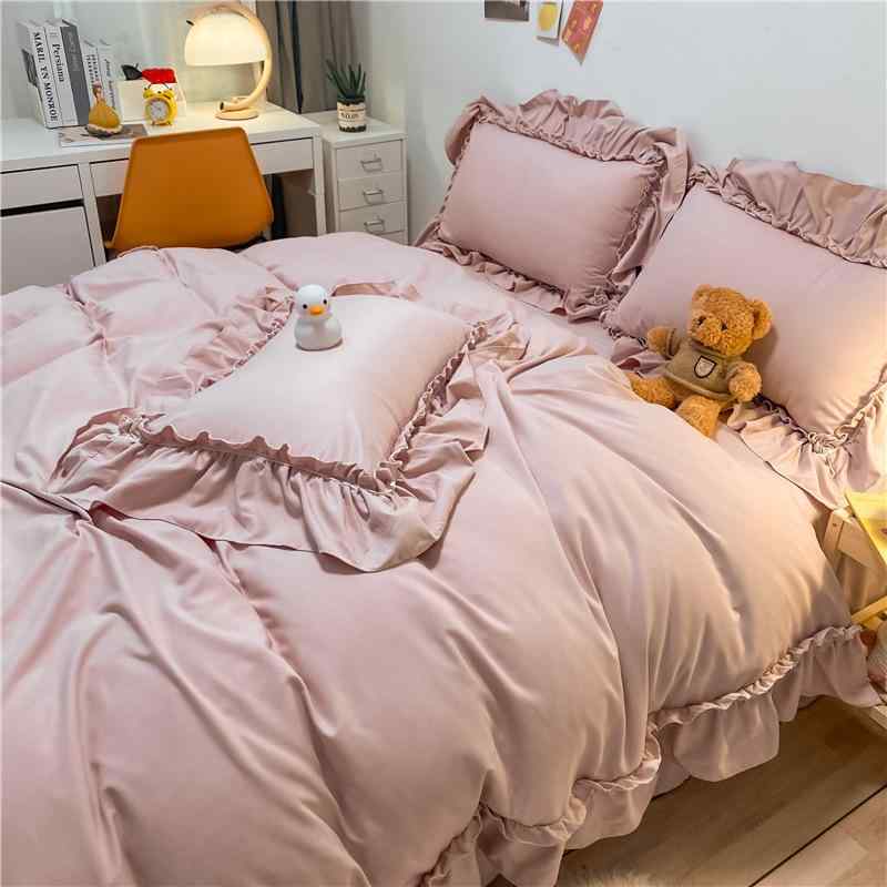 ベッドリネン セット ガールズ ピンク 綿素材 プリンセス シンプル 学生寮 用 4点セット ベッドシーツ 掛け布団カバー 枕カバー ベッドスカート かわいい 部屋着 吸湿速乾 軽量 柔らかい 触り心地