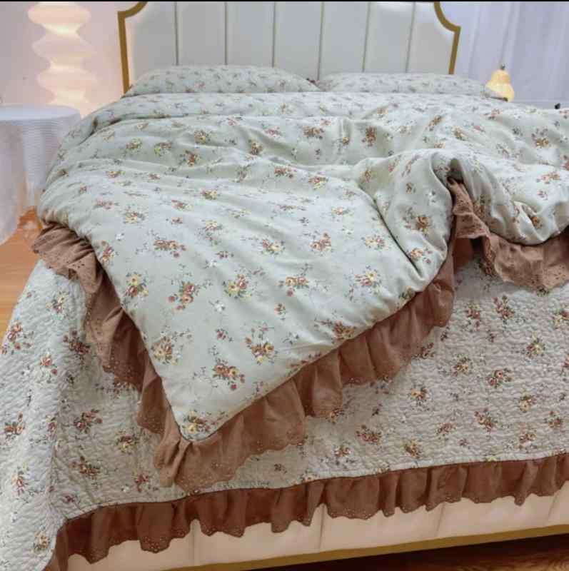 秋冬寝具 セット ダブルサイズ 全綿 キルト ベッドカバー ドット柄 加厚 掛け布団 フィットシーツ フランス 韓国スタイル 暖か 快適 吸湿 速乾 綿素材