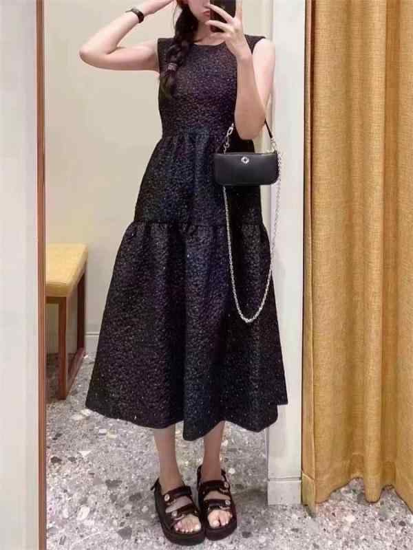 レディース 秋冬 衣装 フランス共和国 花柄 水晶 ラウンドのど首 ノースリーブ 黒いこと ロング丈 雅びやか ロングお召しもの