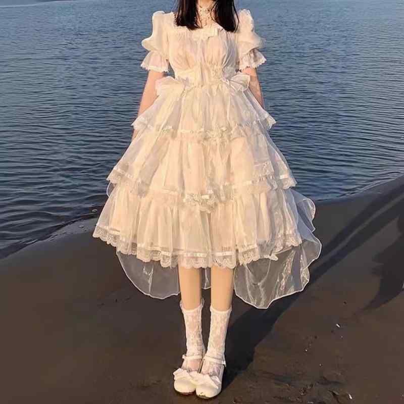 レディース ロリータドレス 短袖 プリンセスワンピース ウェディングスタイル 3段レイヤー かわいい フォーマル 洋装 パーティー用 軽量 素材 フリル 装飾 膝丈 シルエット