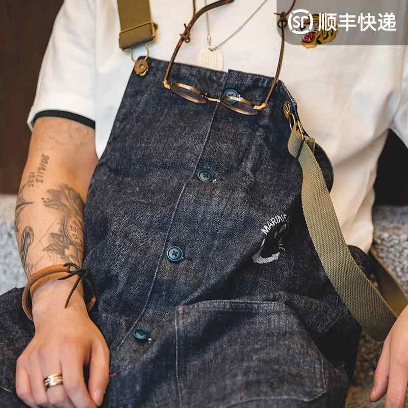 メンズ 吊帯デニムパンツ セット ストレートワイドレッグ レトロ アメリカンスタイル 海軍 秋用 カジュアル 普段使い コットン混 ビンテージ