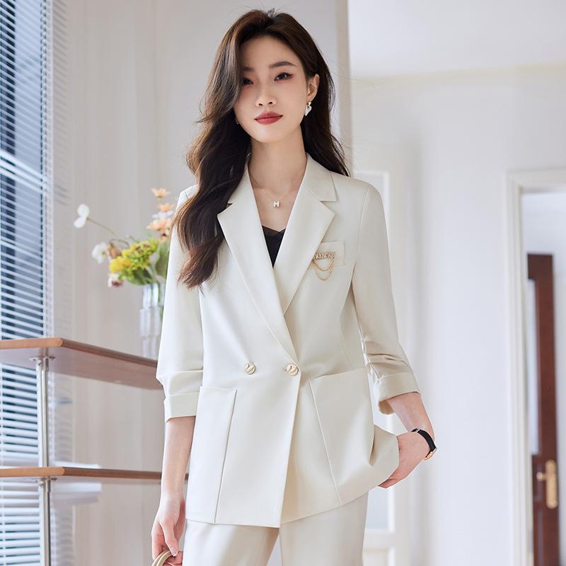 レディース テーラードジャケット 七分袖 春夏 韓国 オフィス 通勤用 事務員 仕事服 スタイリッシュ 軽量 伸縮性 綿混 ブラック ピンク系 アイボリー Vネック カジュアルスタイル