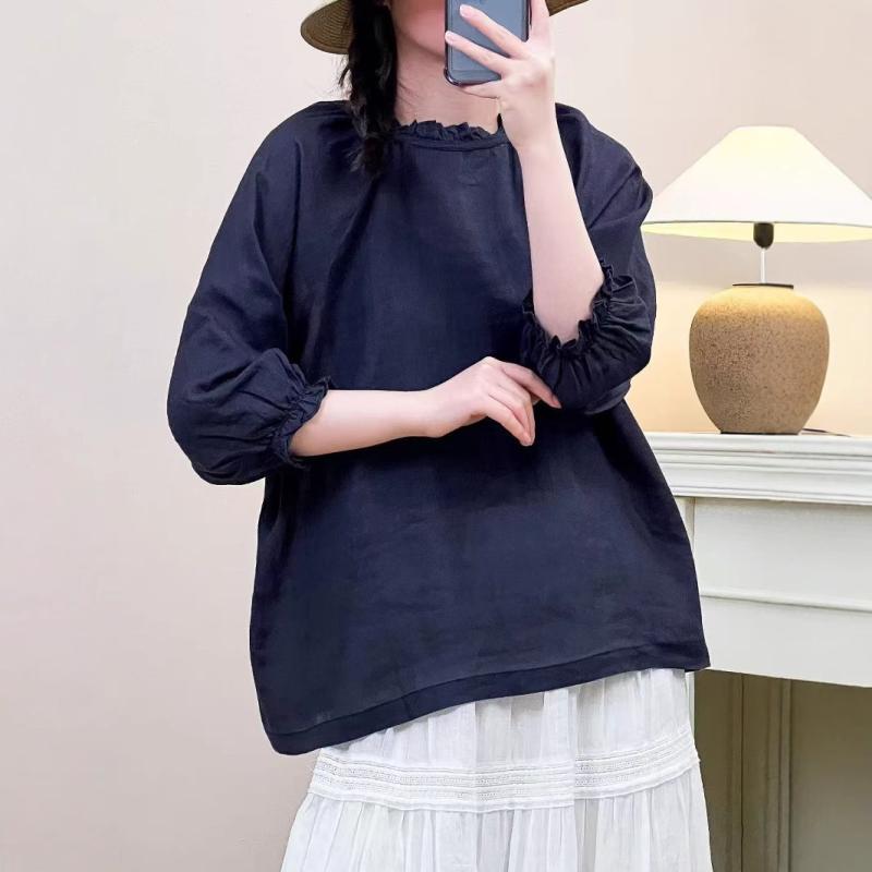 レディース シャツ 森ガール コットン リネン ラミー フリル レース ゆったり ルーズ スリム 効果 レトロ ランタン スリーブ トップス 普段使い 軽量 通勤 普段着 伸縮性 吸湿 速乾 ビッグ シルエット V ネック ブラック ピンク アイボリー
