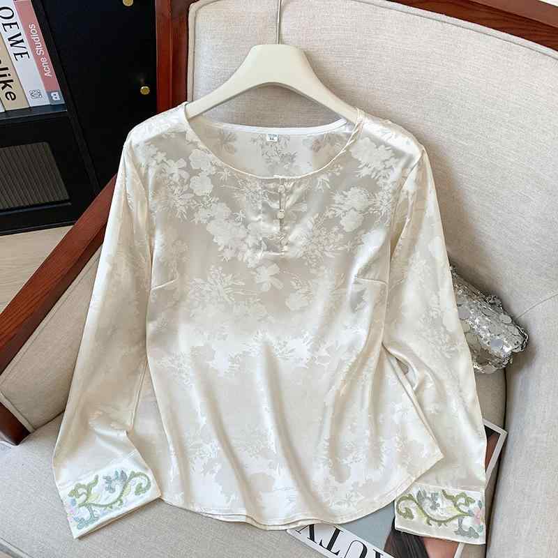 シャツ レディース チャイナ 刺繍 レトロ 織り柄 長袖 シルク インナー 春 トップス ブラウス 軽量 滑らか 普段使い